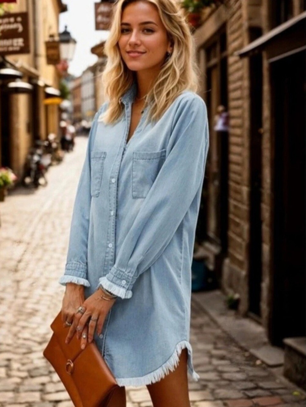 Zilcremo Women's Chambray Large Denim Button Up Shirt Dress Frayed Hem Blue